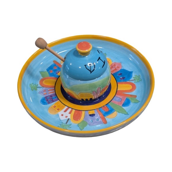 Vintage Aviv Judaica honey dish/plate colorful ceramic by Sharon Shoen Muchnick